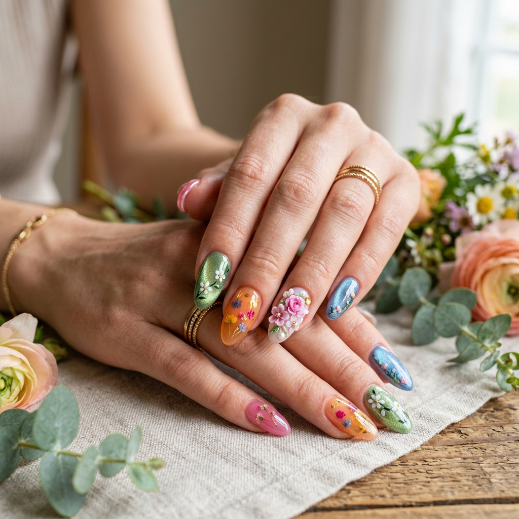 Весенний цветочный нейл-арт включает в себя букет текстур и отделок