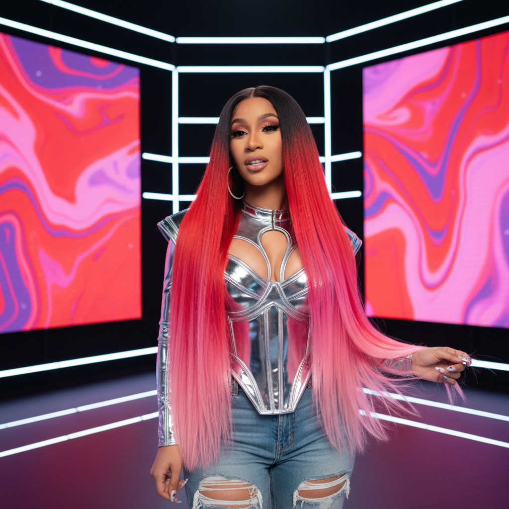 Тройной омбре Карди Би: магента как произведение искусства — смотрите видео